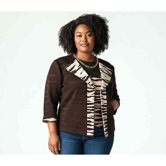 Ming Wang Brown Cream Animal Print Jacket Tank Set Knit 2 Piece Outfit Size S - Picture 1 of 7